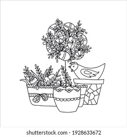Coloring book for children and adults with the image of spring, summer. Easter, basket with flowers, eggs, bird and more. Hand drawn line vector illustration.