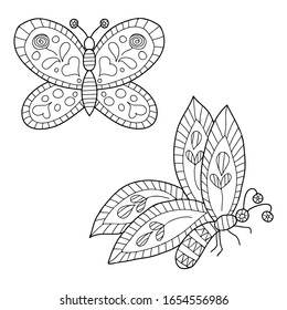 Coloring book for children and adults. Insect. Two butterflies. Hand drawn. Black and white vector illustration.