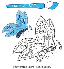 Coloring book for children and adults. Insects. Blue butterfly. Hand drawn. Black and white vector illustration with a pattern for coloring.