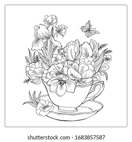 Coloring book for children and adults, linear drawing. bouquet in a Cup .The flowers are irises and butterfly