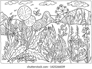 Coloring book for children and adults. Nature. Forest Glade. Flowers, leaves, grass. Hand drawn. Black and white vector illustration.
