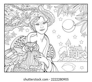 Coloring book for children and adults. Night fairy. Fantasy portrait of a beautiful girl. Black and white vector illustration. Image in zen-tangle style. Printable page for drawing and meditation.