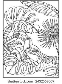 Coloring book for children and adults, parrot bird on a background of tropical leaves. Illustration, sketch, vector