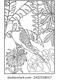 Coloring book for children and adults, parrot bird on a background of tropical leaves. Illustration, sketch, vector