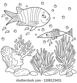 Coloring book for children and adults. Sea creatures. Fish, seaweed. Hand drawn. Black and white vector illustration.