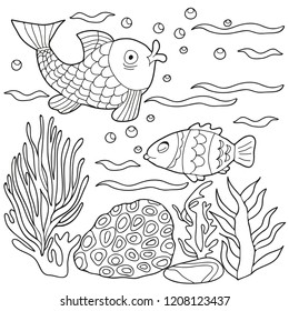 Coloring book for children and adults. Sea creatures. Fish, seaweed. Hand drawn. Black and white vector illustration.