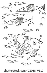 Coloring book for children and adults. Sea creatures. Fish.  Hand drawn. Black and white vector illustration.