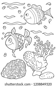 Coloring book for children and adults. Sea creatures. Fish, seaweed. Hand drawn. Black and white vector illustration.