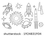 Coloring book for children and adults. A set of pictures on the theme of space. Astronaut, rocket, saturn, sun. Hand drawn. Black and white vector illustration.