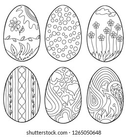 Coloring book for children and adults. Set of Easter eggs. Hand drawn. Black and white vector illustration.