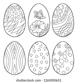 Coloring book for children and adults. Set of Easter eggs. Hand drawn. Black and white vector illustration.
