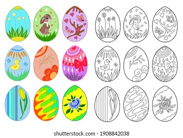 Coloring book for children and adults. Set of Easter eggs. Hand drawn. Black and white vector illustration with a sample for coloring.