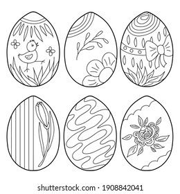 Libro de Colores para niños y adultos. Juego de huevos de Pascua. Dibujado a mano. Ilustración vectorial en blanco y negro. 