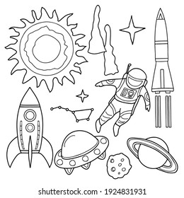 Coloring book for children and adults. A set of pictures on the theme of space. Astronaut, rocket, saturn, sun. Hand drawn. Black and white vector illustration.