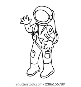 coloring book for children and adults. thin black linear outline. A full-length cosmonaut waves his hand in a friendly manner.