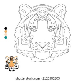 Coloring book for children and adults, tiger head with color example and palette.