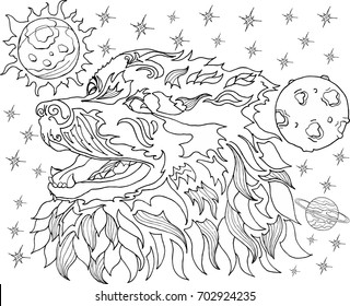 Coloring book for children and adults wolf Spitz in the background of planets, stars and space
