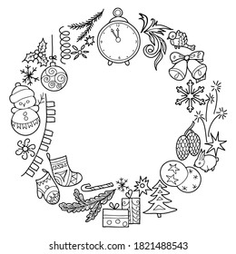 Coloring book for children and adults. Wreath. Set of decorative Christmas decorations. Hand drawn. Black and white vector illustration.