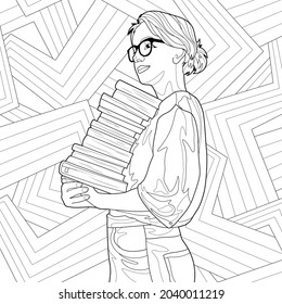 Coloring book for children and adults. Young girl with glasses holding a large stack of books in her hands on a geometric background