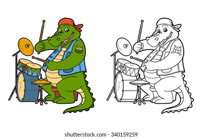 Coloring book for children: animals band (crocodile and drum set)