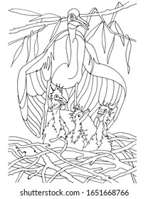 Coloring book for children animals in the wild bird with chicks in the nest