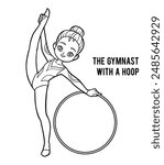 Coloring book for children, asian gymnast girl with a hoop