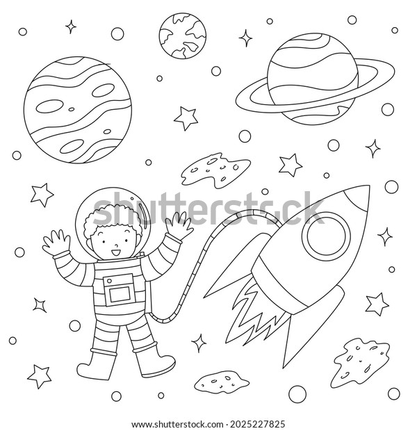 Coloring Book Children Astronaut Spaceship Among Stock Vector (Royalty ...