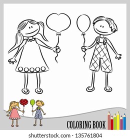 Coloring book - children with balloons (vector)