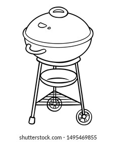 Coloring book for children. Barbecue Kettle Grill. Black and white cartoon kitchen appliances