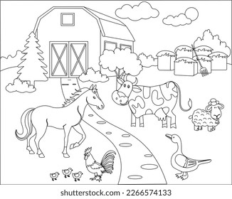 Coloring book for children barnyard Cognitive educational handwork Children learn how a horse looks like a cow sheep goose rooster chickens Vector