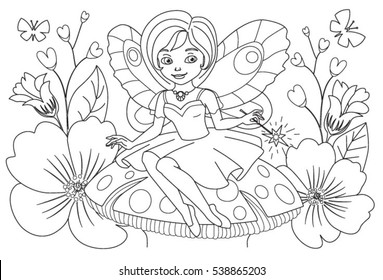 Coloring book for children. Beautiful fairy. Magic tale illustration. Little Girl vector. Foresl life