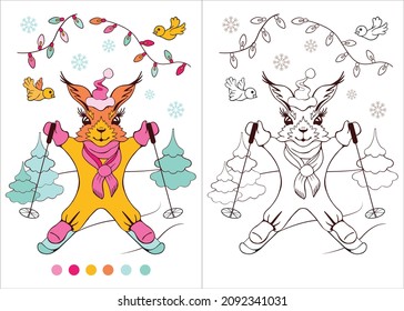 Coloring book for children, black and white vector illustration with an example. Holiday for the New Year. A squirrel in a hat and overalls is skiing against the backdrop of trees, garlands and birds.