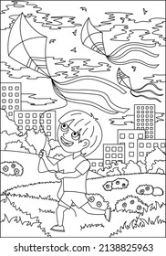 Coloring book for children. A boy is flying a kite in the park. Spring coloring. Flat vector illustration for children's books and magazines