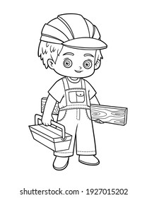 Coloring book for children, Builder with wooden plank and toolbox