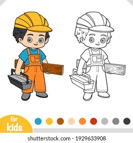 Coloring book for children, Builder with wooden plank and toolbox