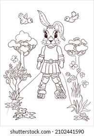 coloring book for children, bunny on rollers in the park, flowers bloom, birds and butterflies fly. Black and white outline, vector illustration for children for coloring.