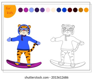 coloring book for children by colors, cartoon tiger snowboarding, symbol of the year, vector isolated on a white background.