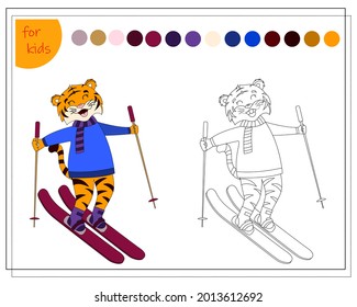 coloring book for children by colors, cartoon tiger skiing, symbol of the year, vector isolated on a white background.