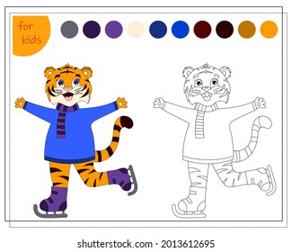 coloring book for children by colors, cartoon tiger skating, symbol of the year, vector isolated on a white background.