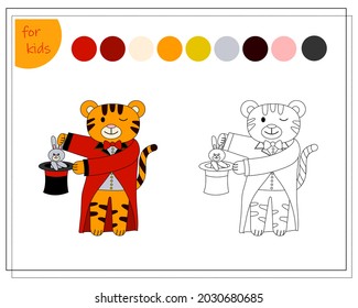 coloring book for children by colors. tiger in the circus. vector isolated on a white background.