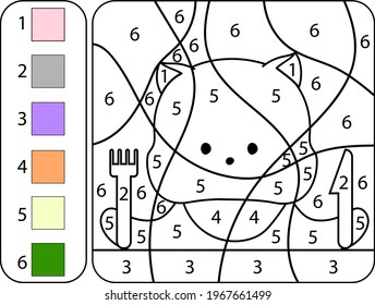 Coloring book for children by numbers. Logical thinking, learning numbers. The cat wants to eat. Vector.
