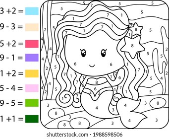 Coloring book for children by numbers. Color addition and subtraction. Beautiful mermaid coloring book page. Math game for kids. Vector.