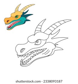 Coloring book for children, cartoon character, mystic animals, Dragon head
