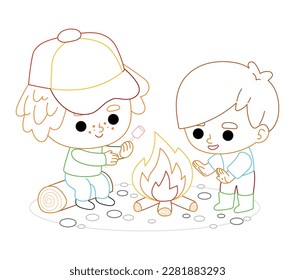 Coloring book for children, Cartoon characters boys and campfire