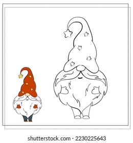 Coloring book for children. Cartoon Christmas Gnome.