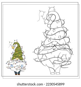 Coloring book for children. Cartoon Christmas gnome with Christmas lights.