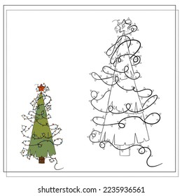 Coloring book for children. Cartoon Christmas tree with garlands.