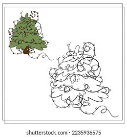Coloring book for children. Cartoon Christmas tree with garlands.