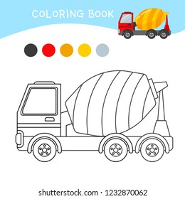 Coloring book for children. Cartoon concrete mixer.