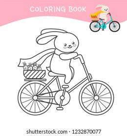 Coloring book for children. Cartoon cute hare on a bicycle.